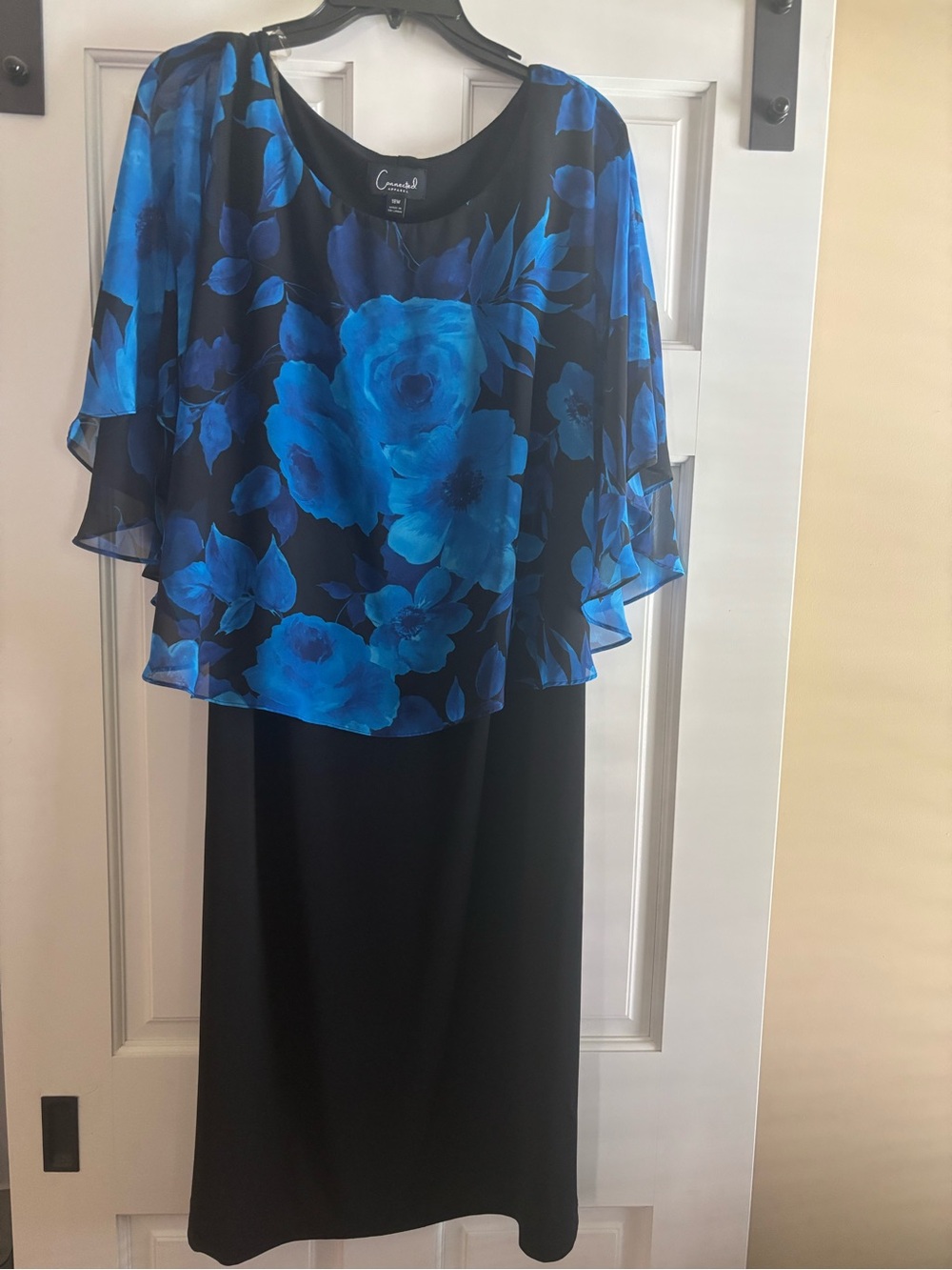Connected Apparel Dress 18W Black Blue Floral Chiffon Overlay Cape Sheath Plus
